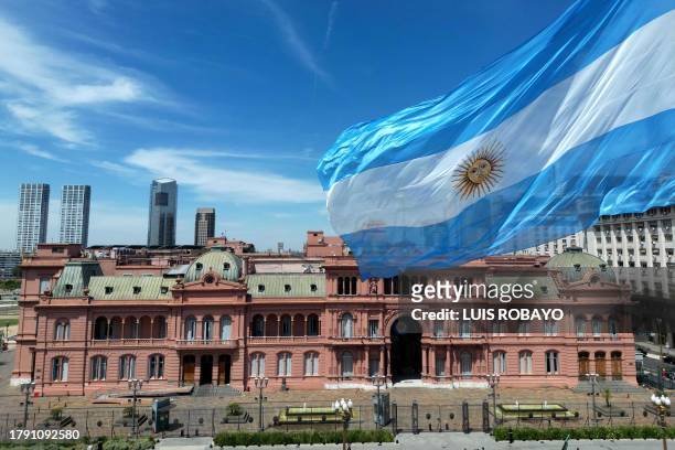 Aerial view of the Casa Rosada presidential house in Buenos Aires, during the presidential election runoff on November 19, 2023. Desperate for a way...
