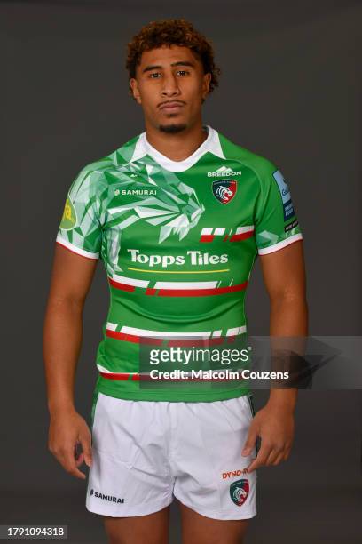 Simon Koroiyadi of Leicester Tigers poses for a portrait during the squad photocall for the 2023-2024 Gallagher Premiership Rugby season at Mattioli...