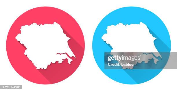 yorkshire and the humber map. round icon with long shadow on red or blue background - humber river stock illustrations
