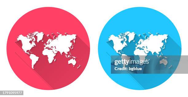 world map. round icon with long shadow on red or blue background - flatten curve stock illustrations