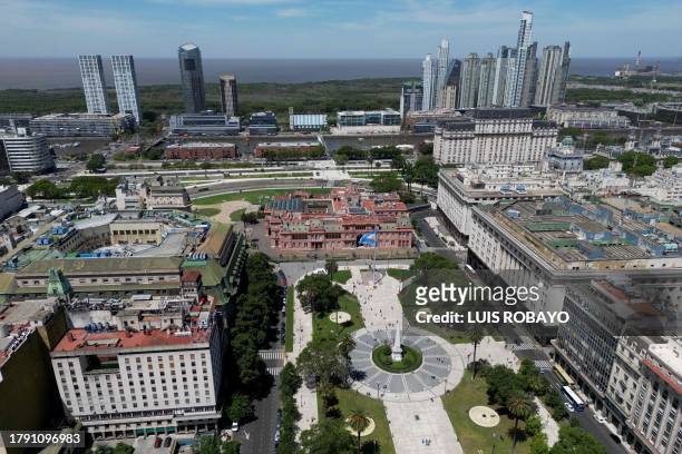 Aerial view of Plaza de Mayo and Casa Rosada presidential house in Buenos Aires, during the presidential election runoff on November 19, 2023....