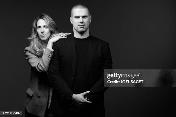 Barriere group co-Presidents Joy Desseigne-Barriere and her brother Alexandre Barriere pose during a photo session in Paris on November 8, 2023.