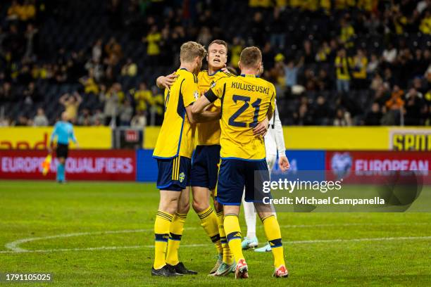 Sweden's Viktor Claesson celebrates with teammates after scoring the 1-0 goal during the UEFA EURO 2024 European qualifier match between Sweden and...