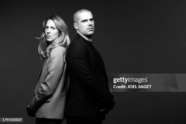 Barriere group co-Presidents Joy Desseigne-Barriere and her brother Alexandre Barriere pose during a photo session in Paris on November 8, 2023.