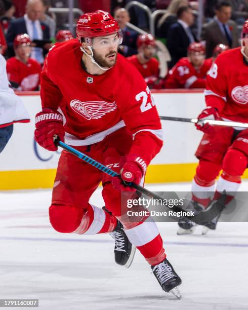 Michael Rasmussen of the Detroit Red Wings skates up ice against the Columbus Blue Jackets during the first period at Little Caesars Arena on...