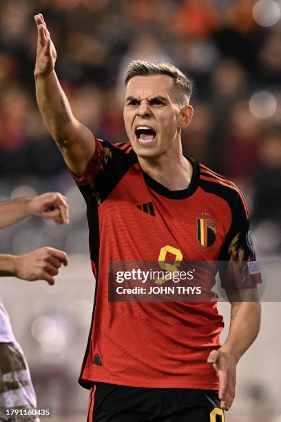 Belgium's midfielder Leandro Trossard reacts during the UEFA Champions League Qualifying Group F football match between Belgium and Azerbaijan at The...