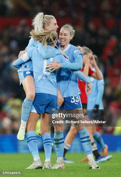 Alex Greenwood, Steph Houghton, and Alanna Kennedy of Manchester City celebrate after winning the Barclays Women´s Super League match between...