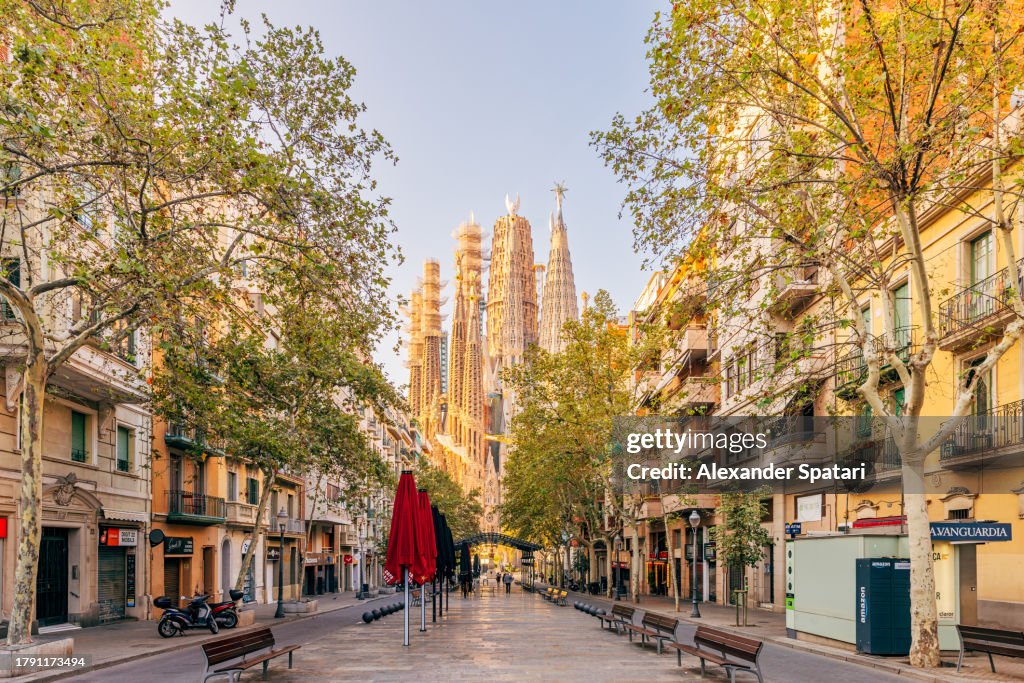 Avenida de Gaudi pedestrian street with Sagrada Familia in the center, Barcelona, Spain