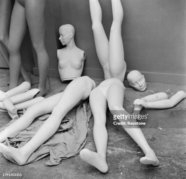 Shop dummy parts in the stock room at a mannequin factory in West Molesey, Surrey, April 1959.