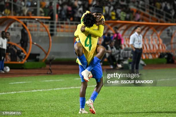 Mamelodi Sundowns' #9 Refilwe Tholakele celebrates her goal with Mamelodi Sundowns' #4 Lebohang Ramalepe during the Confederation of African Football...