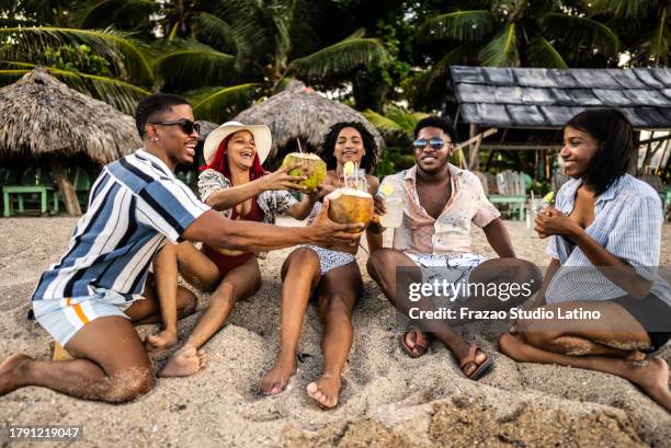 young friends making a celebratory toast at the beach - coconut beach woman stock pictures, royalty-free photos & images