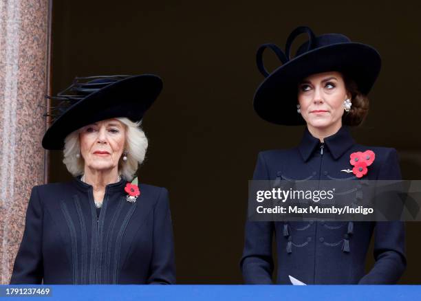 Queen Camilla and Catherine, Princess of Wales attend the National Service of Remembrance at The Cenotaph on November 12, 2023 in London, England....