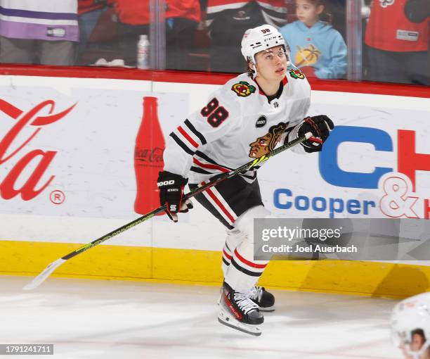 Connor Bedard of the Chicago Blackhawks skates with the puck prior to the game against the Florida Panthers at the Amerant Bank Arena on November 12,...