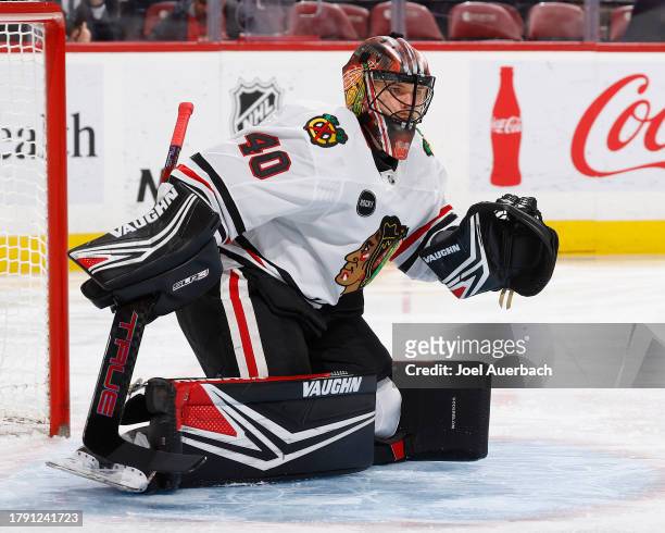 Goaltender Arvid Soderblom of the Chicago Blackhawks defends the net against the Florida Panthers at the Amerant Bank Arena on November 12, 2023 in...