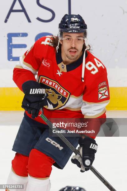 Ryan Lomberg of the Florida Panthers warms up prior to the game against the Chicago Blackhawks at the Amerant Bank Arena on November 12, 2023 in...