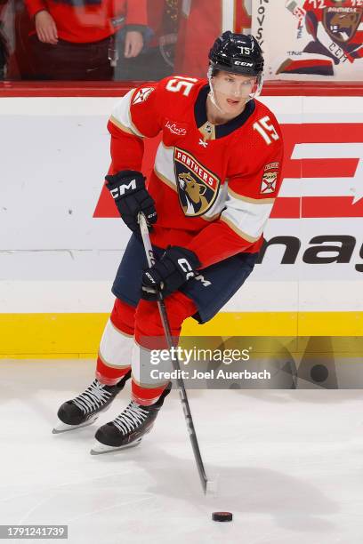 Anton Lundell of the Florida Panthers skates with the puck prior to the game against the Chicago Blackhawks at the Amerant Bank Arena on November 12,...