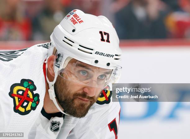 Nick Foligno of the Chicago Blackhawks prepares for a face-off against the Florida Panthers at the Amerant Bank Arena on November 12, 2023 in...