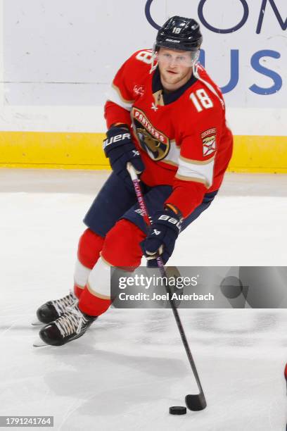 Steven Lorentz of the Florida Panthers skates with the puck prior to the game against the Chicago Blackhawks at the Amerant Bank Arena on November...