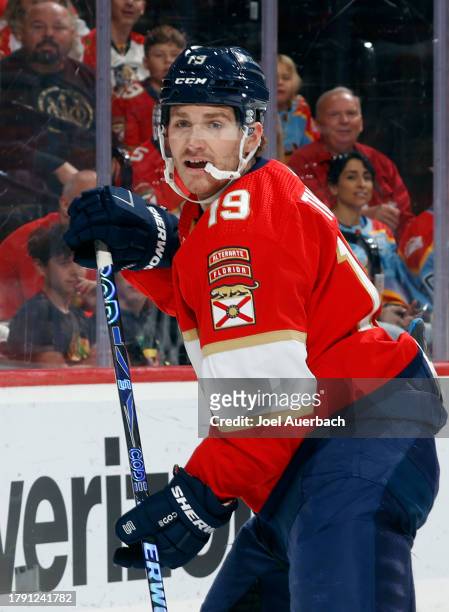 Matthew Tkachuk of the Florida Panthers looks for a pass behind the Chicago Blackhawks net at the Amerant Bank Arena on November 12, 2023 in Sunrise,...