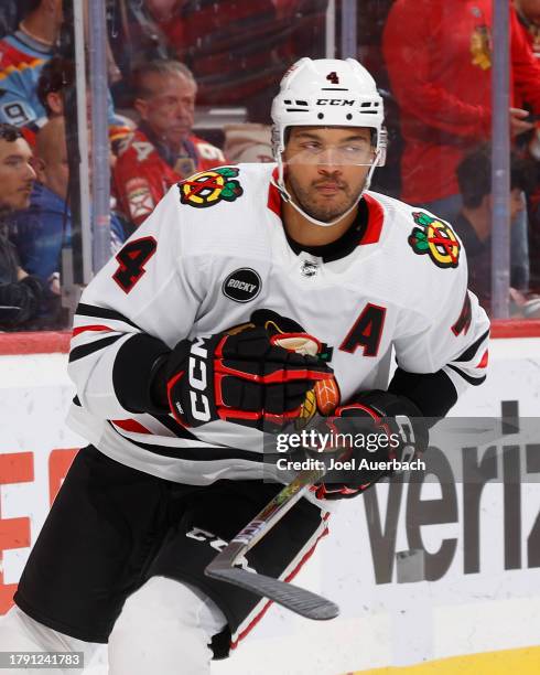 Seth Jones of the Chicago Blackhawks warms up prior to the game against the Florida Panthers at the Amerant Bank Arena on November 12, 2023 in...