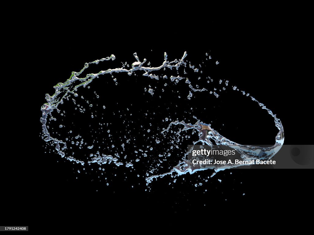 Moving silver liquid splashes and drops on black background.