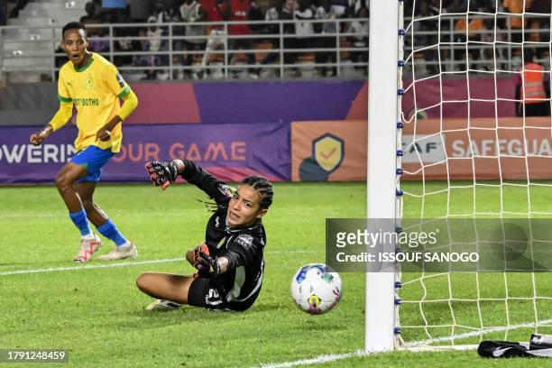 Sporting Casablanca's Imane Abdelahad tries to save a ball during the Confederation of African Football women's Champions League final football match...