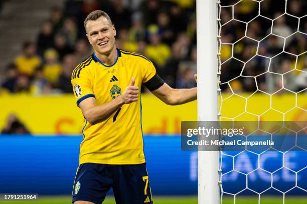 Sweden's Viktor Claesson during the UEFA EURO 2024 European qualifier match between Sweden and Estonia at Friends Arena on November 19, 2023 in...