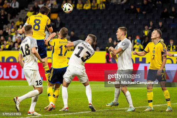 Sweden's Albin Ekdal heads the ball on goal during the UEFA EURO 2024 European qualifier match between Sweden and Estonia at Friends Arena on...