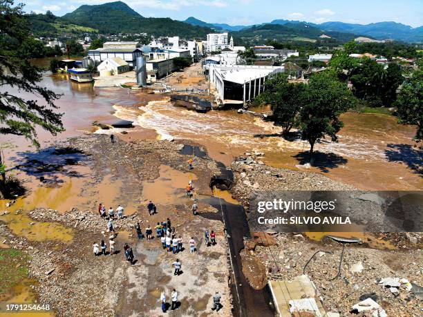 Aerial view of damages in the city center of Roca Sales, Rio Grande do Sul, Brazil, on November 19, 2023. Heavy rains battering southern Brazil since...