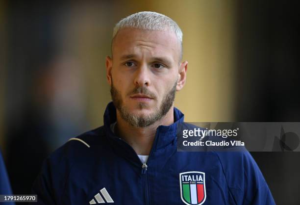 Federico Dimarco of Italy arrives before the training session at Centro Tecnico Federale di Coverciano on November 13, 2023 in Florence, Italy.