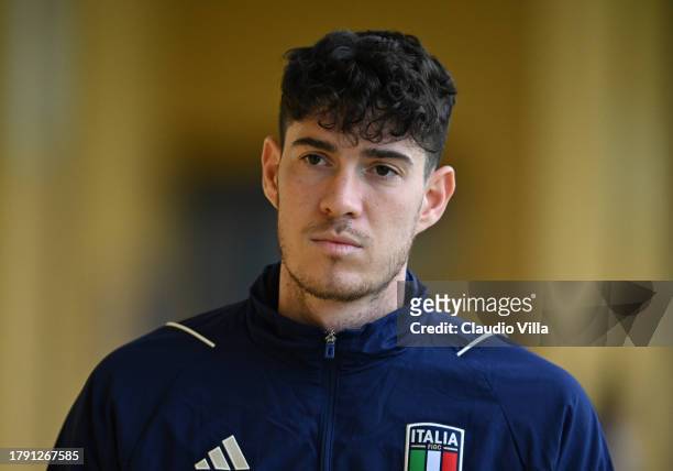 Alessandro Bastoni of Italy arrives before the training session at Centro Tecnico Federale di Coverciano on November 13, 2023 in Florence, Italy.