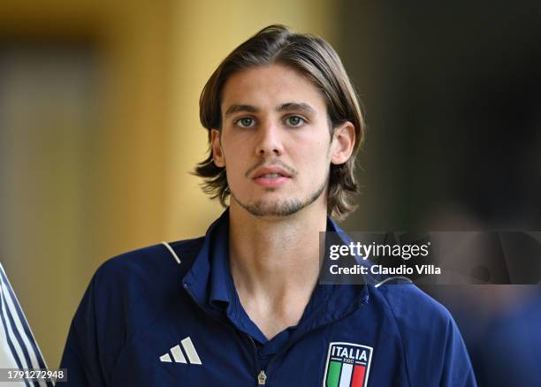 Andrea Colpani of Italy arrives before the training session at Centro Tecnico Federale di Coverciano on November 13, 2023 in Florence, Italy.