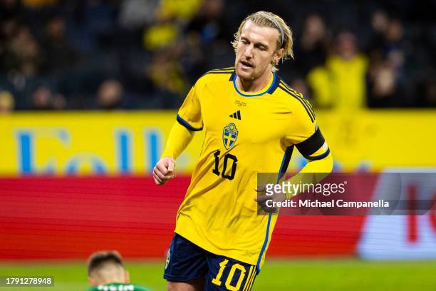 Sweden's Emil Forsberg scores the 2-0 goal during the UEFA EURO 2024 European qualifier match between Sweden and Estonia at Friends Arena on November...