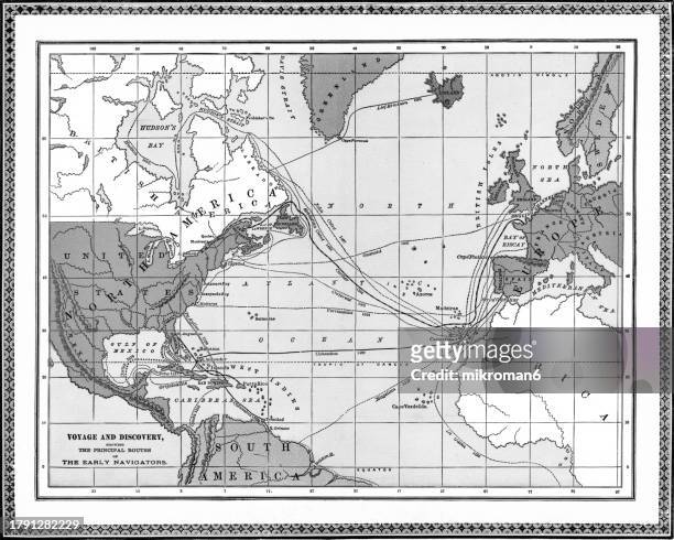 old chromolithograph map of voyage and discovery - showing the principal routes of the early navigators - antique logo stock pictures, royalty-free photos & images