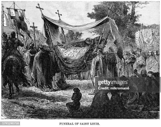 old engraved illustration of funeral of  saint louis or louis the saint, king of france from 1226 to 1270 - king stock pictures, royalty-free photos & images