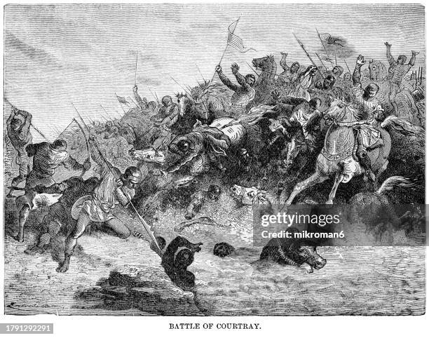 old engraved illustration of the battle of the golden spurs or battle of courtrai, a military confrontation between the royal army of france and rebellious forces of the county of flanders on 11 july 1302 during the franco-flemish war - vintage military uniform stock pictures, royalty-free photos & images