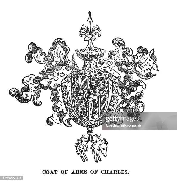 old engraved illustration of coat of arms of charles the bold - antique logo stock pictures, royalty-free photos & images