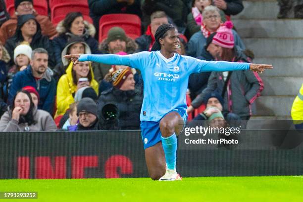 Goal 1-3 Khadija Shaw of Manchester City celebrates her goal during the Barclays FA Women's Super League match between Manchester United and...