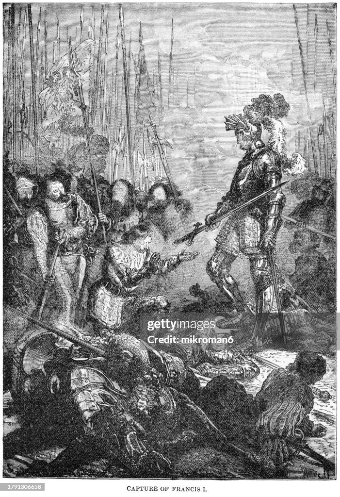 Old engraved illustration of capture of Francis I of France, King of France