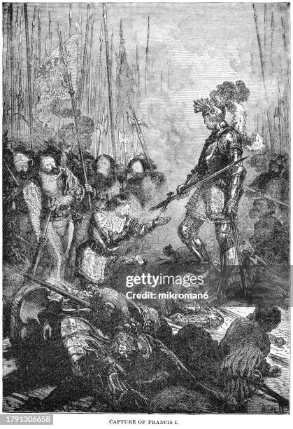old engraved illustration of capture of francis i of france, king of france - prison uniform stock pictures, royalty-free photos & images