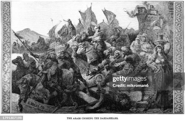 old engraved illustration of arab muslims crossing the dardanelle (arab–byzantine wars were a series of wars between a number of muslim-arab dynasties and the byzantine empire from the 7th to the 11th century) - battle of gallipoli stock pictures, royalty-free photos & images