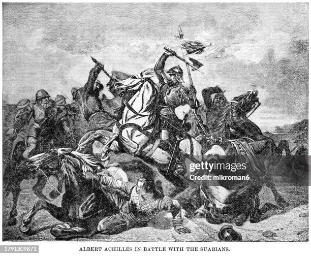 old engraved illustration of albert achilles in battle with the sabians (swabia) - archduke stock pictures, royalty-free photos & images