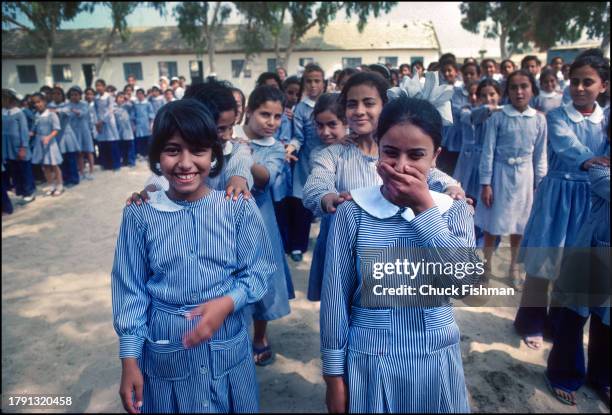 View of students at an UNRWA operated school in the Palestinian refugee camp Al-Shati , outside Gaza City, Gaza, September 1979.