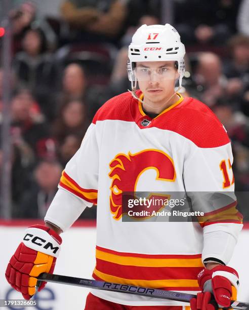 Yegor Sharangovich of the Calgary Flames skates against the Ottawa Senators at Canadian Tire Centre on November 11, 2023 in Ottawa, Ontario, Canada.