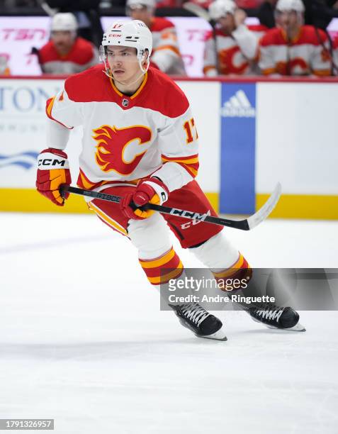 Yegor Sharangovich of the Calgary Flames skates against the Ottawa Senators at Canadian Tire Centre on November 11, 2023 in Ottawa, Ontario, Canada.