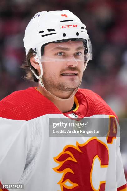 Rasmus Andersson of the Calgary Flames skates against the Ottawa Senators at Canadian Tire Centre on November 11, 2023 in Ottawa, Ontario, Canada.