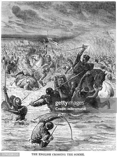 old engraved illustration of the english passing the somme at the battle of blanchetaque, france 24 august 1346 - vintage military uniform stock pictures, royalty-free photos & images