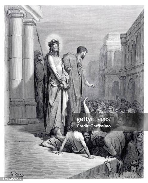 jesus christ with crown of thorns presented to the people by pontius pilate - old testament stock illustrations