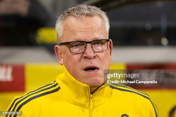 Sweden's head coach Jan Andersson emotional before the UEFA EURO 2024 European qualifier match between Sweden and Estonia at Friends Arena on...