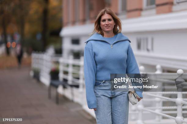 Britta Becker seen wearing TWELVE by Britta Becker light blue cashmere / merino wool knit zip pullover, TWELVE by Britta Becker light blue denim...